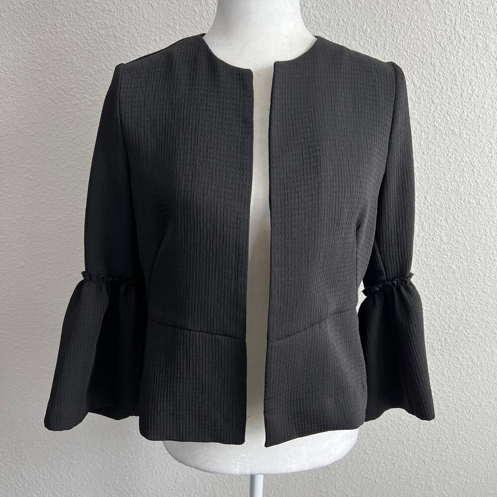 Zara Basic Open Front Jacket Women's S Black Bell Sleeve Blazer Ruffle Business